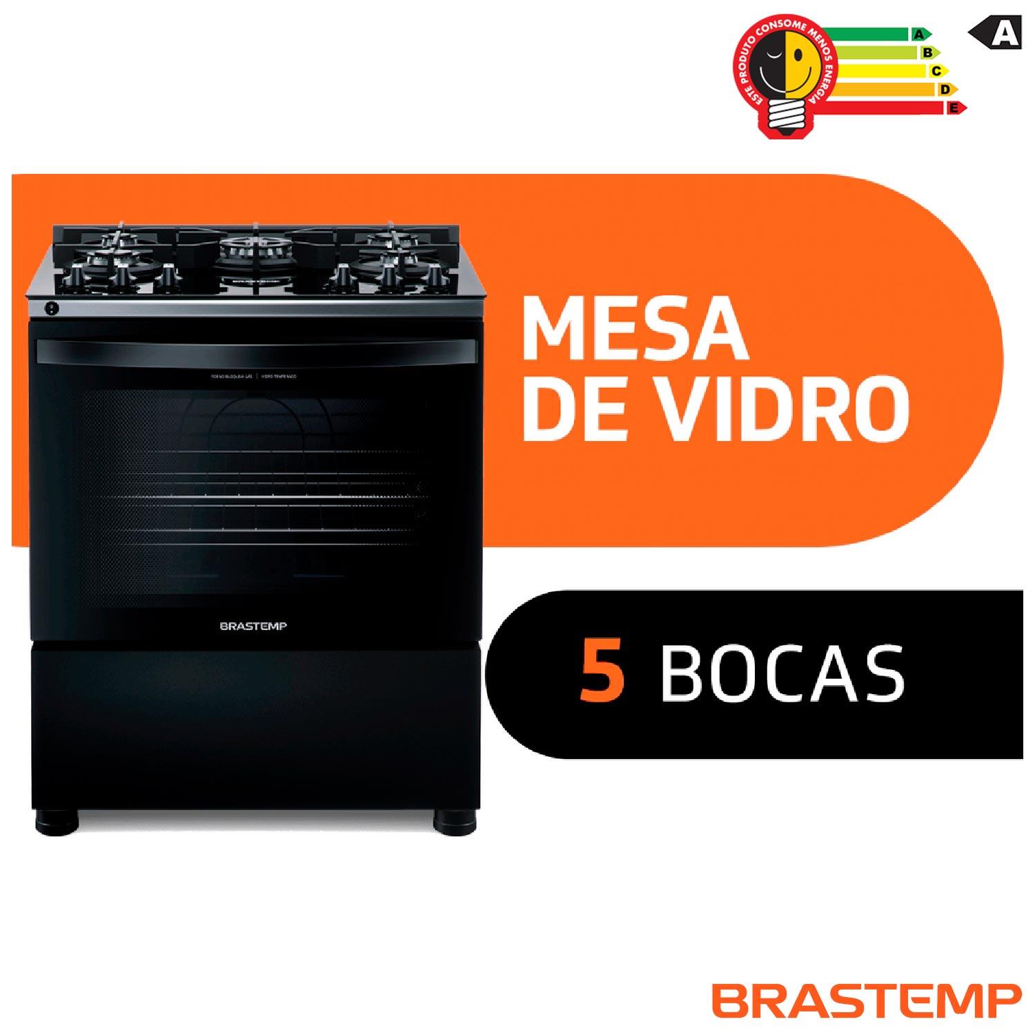 Fogão Brastemp 5 Bocas Preto com Turbo Chama com Mesa de Vidro - BFS5VCE Bivolt