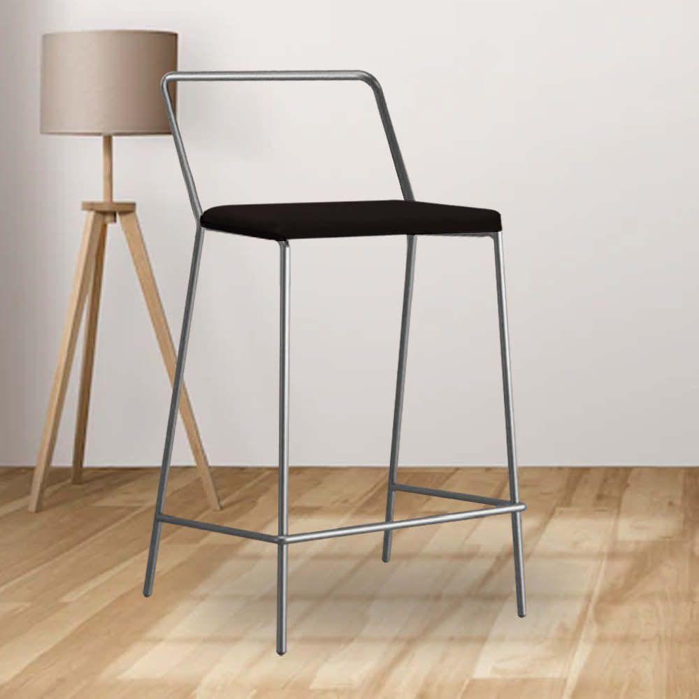 Miniatura Banqueta Alta Com Encosto Mili Industrial Cozinha Bistrô Ferro Prata Corino Marrom