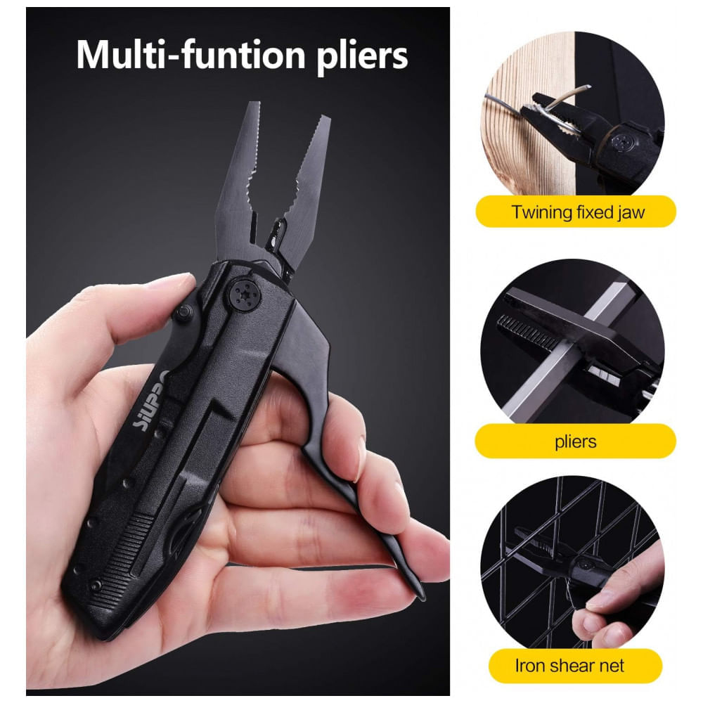 Miniatura Alicate Multifuncional, Aço Inoxidável com Estojo de Nylon e Conjunto de Bits, SIUPRO, Preto