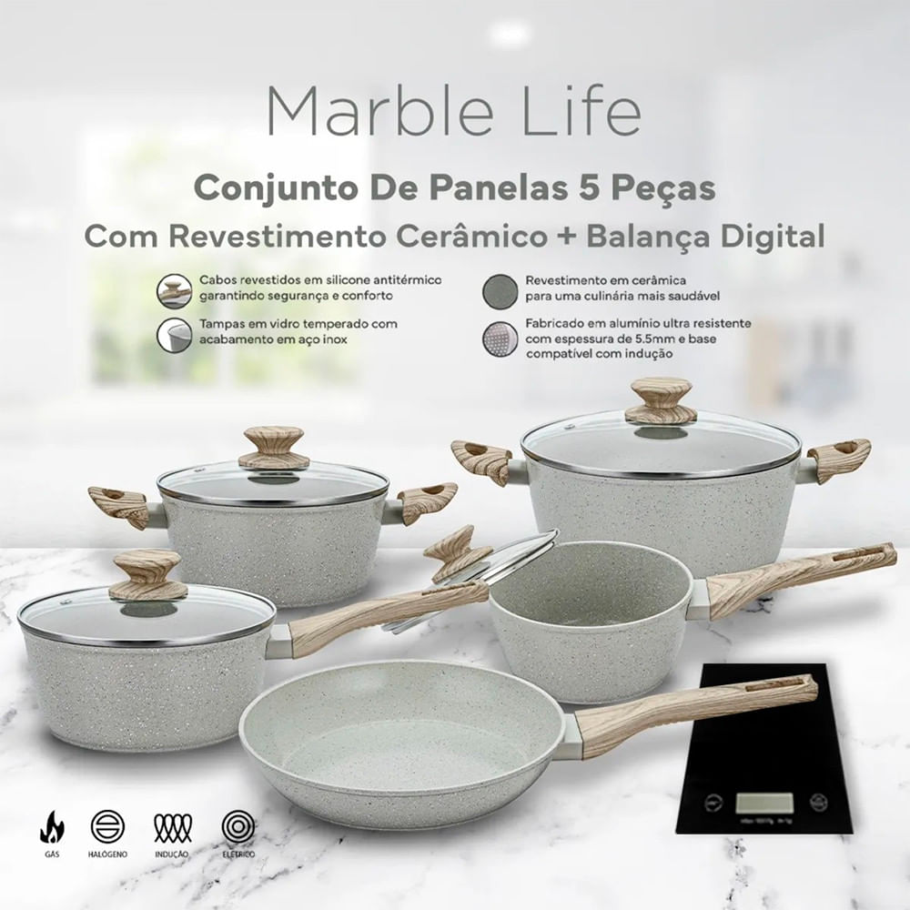 Miniatura Jogo de Panelas Com 6 Peças Neuhaus Marble Life Cerâmico Antiaderente + Balança Digital - Vanilla Branco - 3 meses - Marble Life - 6 Peças - 6 - Garantia do Fabricante
