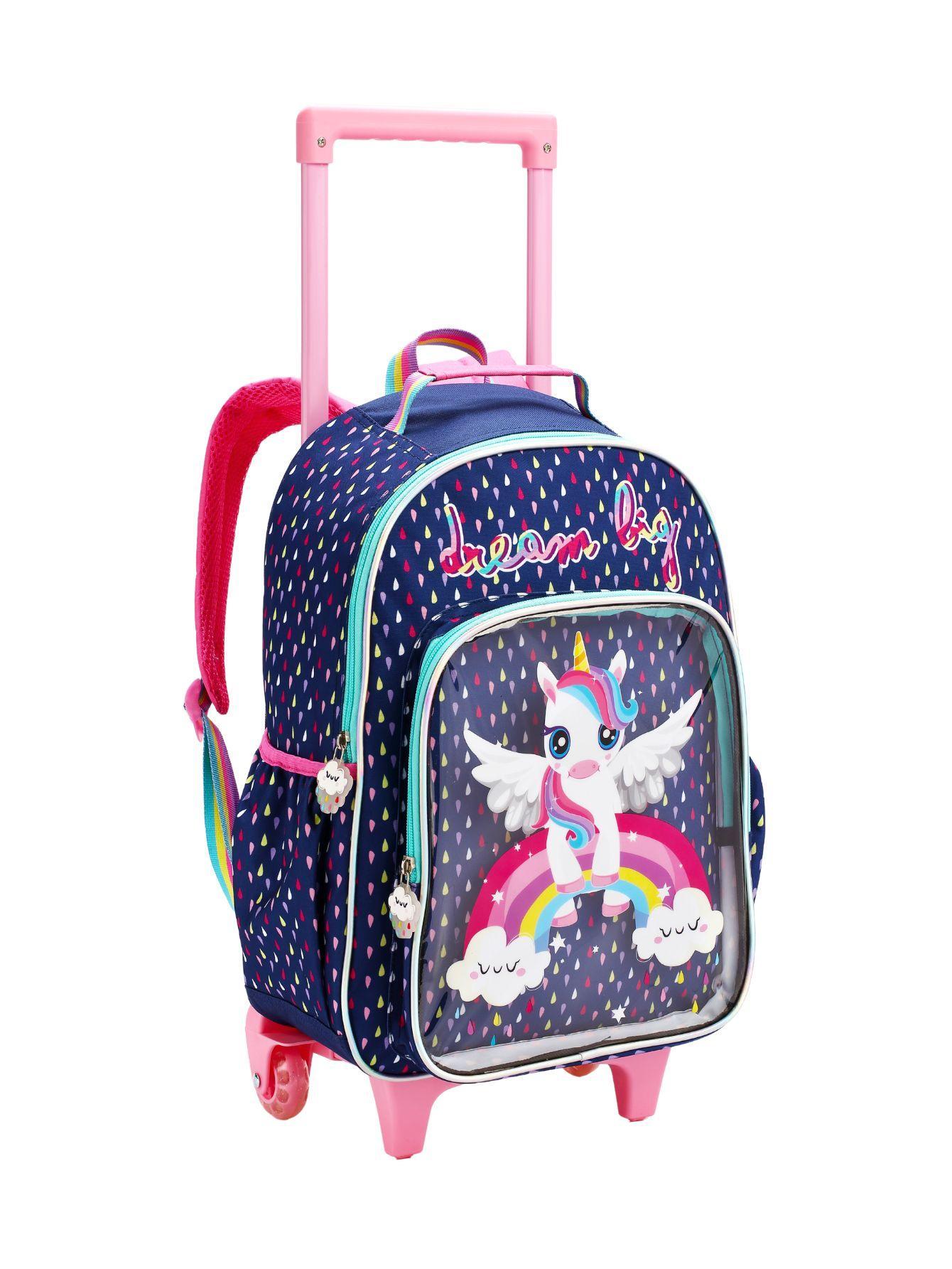 Kit Escolar Mochila Rodas+Lancheira+Estojo Unicórnio - Azul