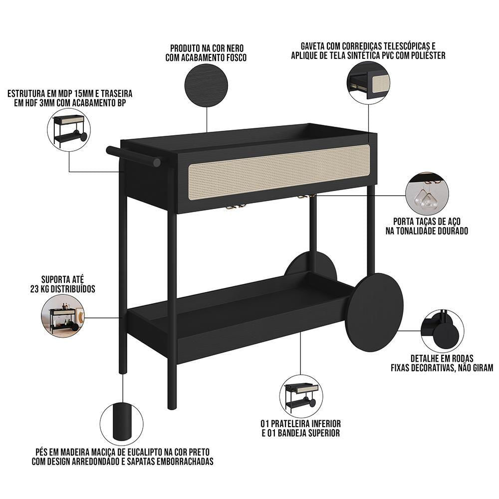 Miniatura Carrinho Bar Com Porta Taças Pés Madeira Moss A03 Nero Preto