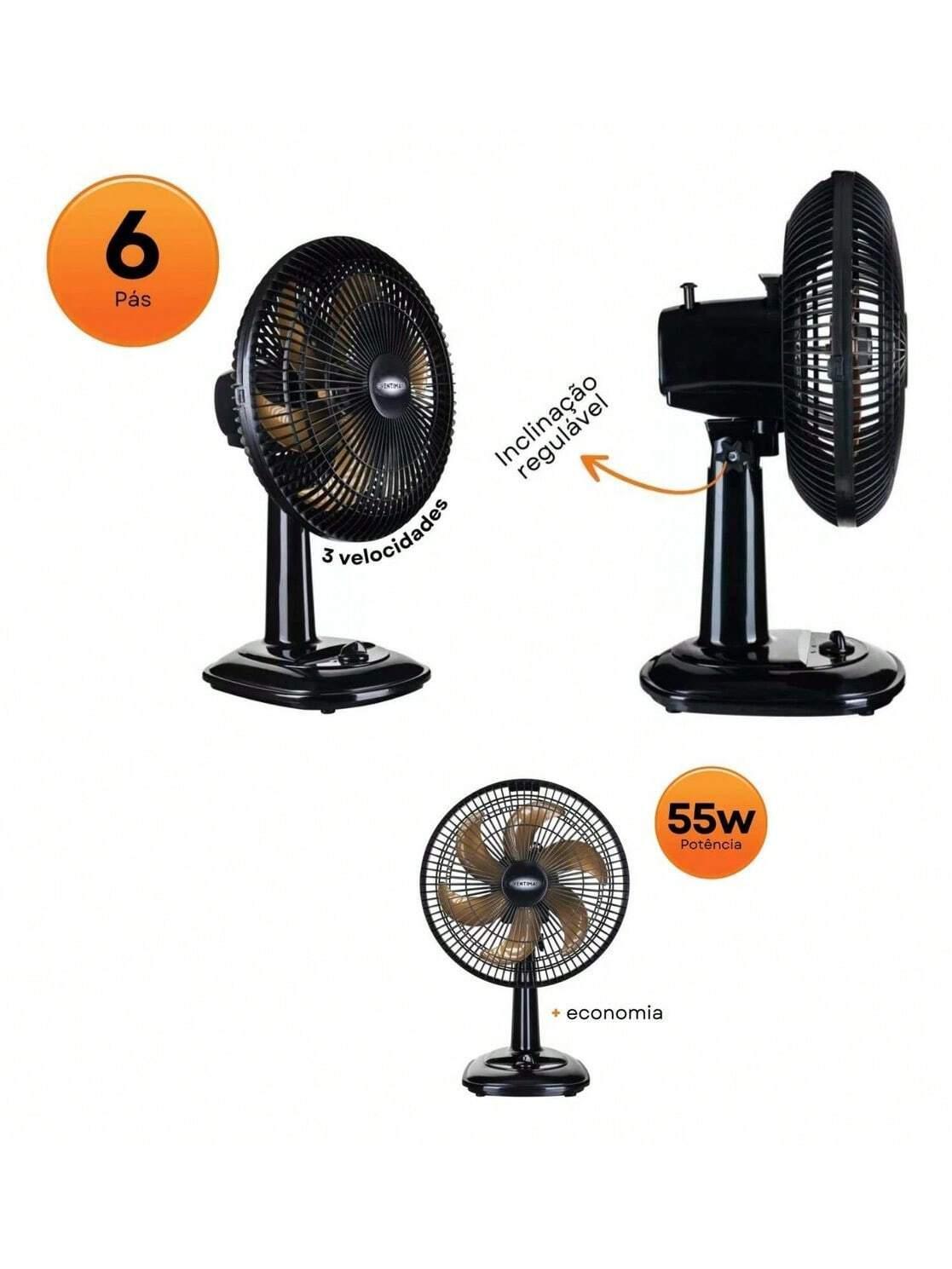 Miniatura Ventilador Mesa Silencioso 30Cm Turbo 55W Preto 6 Pás Casa