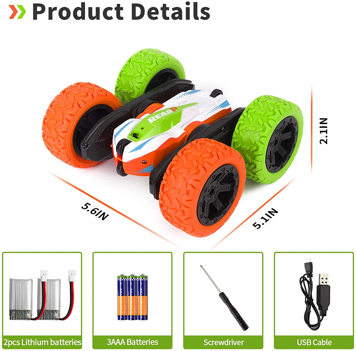 REAPP Carrinho de Controle Remoto 24 Ghz 4WD Dupla Face 360 com 2 Baterias Recarregáveis Laranja