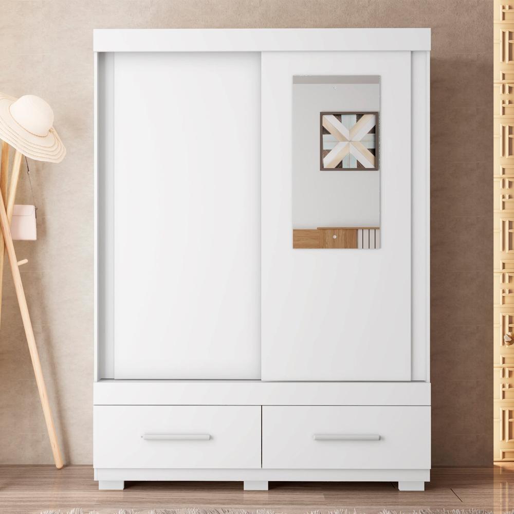 Miniatura Guarda-roupa Solteiro com Espelho 2 Portas de Correr 2 Gavetas Sereno Branco