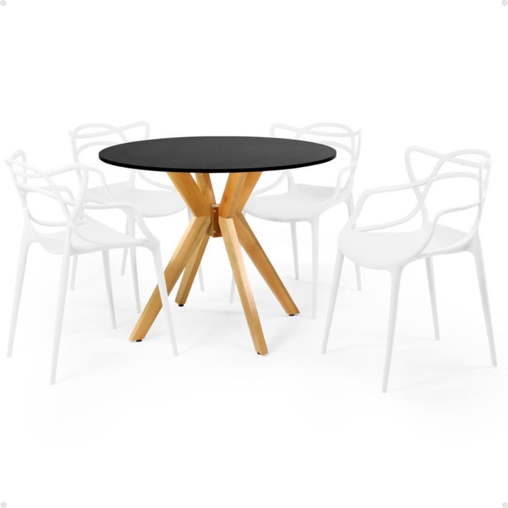 Miniatura Conjunto Mesa De Jantar Redonda Marci Preta 100cm Com 4 Cadeiras Allegra - Branco
