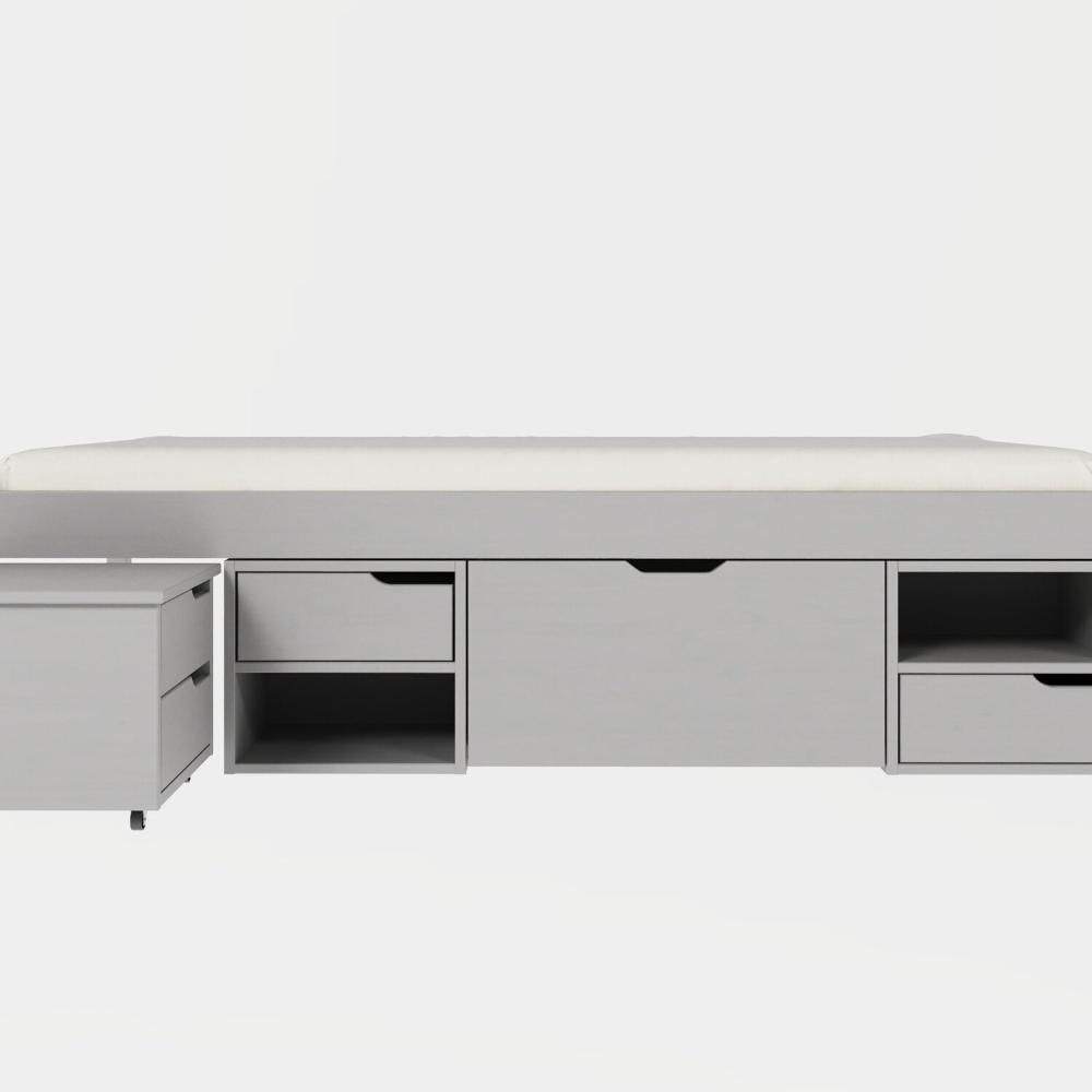 Miniatura Cama Solteiro Madeira Maciça com 3 Gavetas e 1 Mesa de Cabeceira Charme Cool Grey