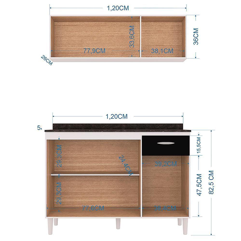 Miniatura Armario Aereo 3 Portas E Balcao 120 Cm Branco Preto Poqq Branco Preto