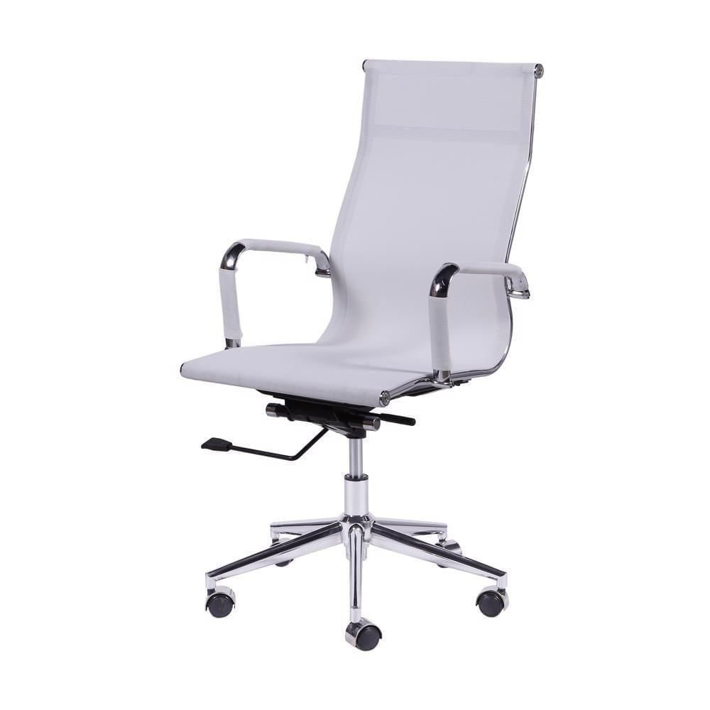 Miniatura Cadeira Giratória Alta Office Tela Branca Base Rodízio Cromado
