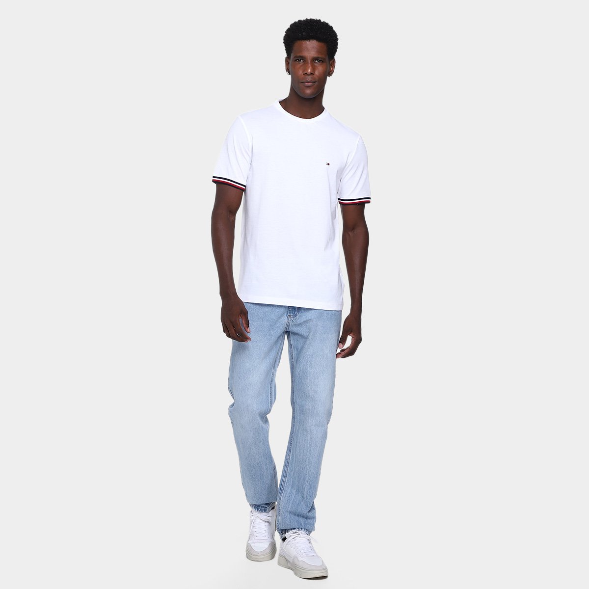 Miniatura Camiseta Tommy Hilfiger Global Stripe Cuff Masculina Branco - G