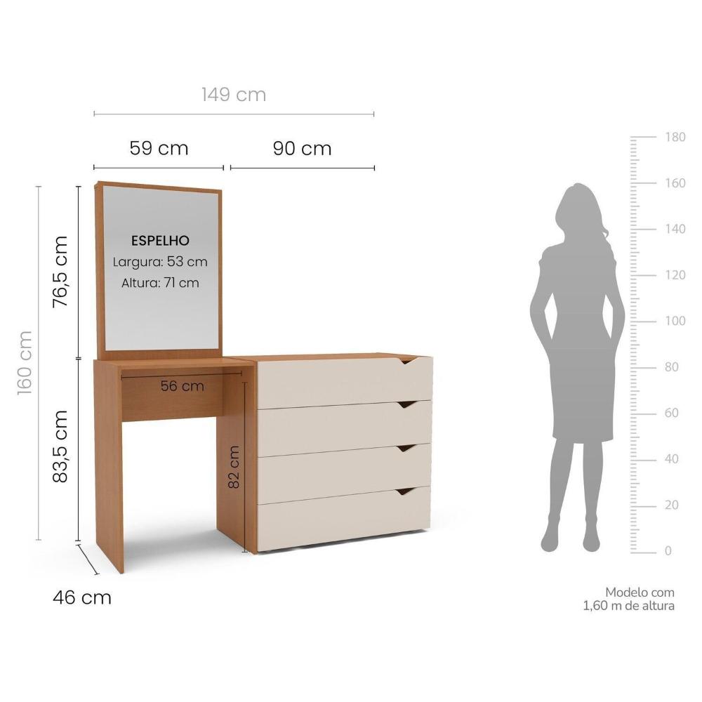 Miniatura Cômoda Penteadeira 4 Gavetas com Espelho Porto Freijo/Creme