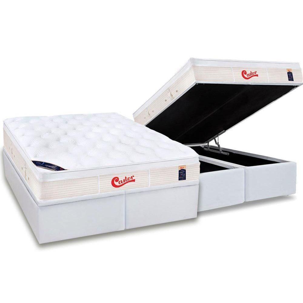 Miniatura Cama Box Baú Queen: Colchão Molas Ensacadas Castor Pocket Gold Star Vitagel + Base White(158X198)
