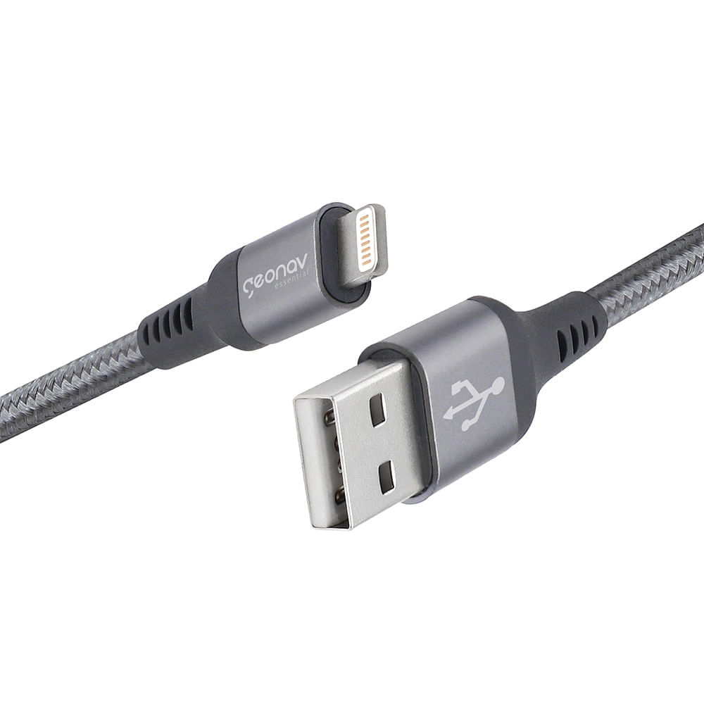 Miniatura Cabo Lightning Geonav MFI em Nylon Trançado com 1,5 Metro Cinza