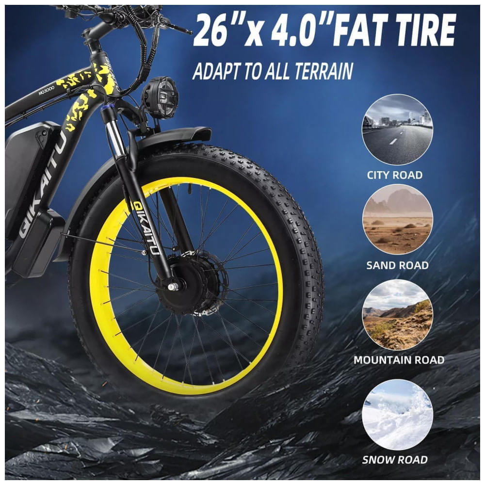Miniatura Bicicleta Elétrica com Motor Duplo 2000W, Bateria Removível 48V 23Ah UL2849, Quadro em Alumínio 6061, Pneus 26x4”, Suspensão com Trava, Freios