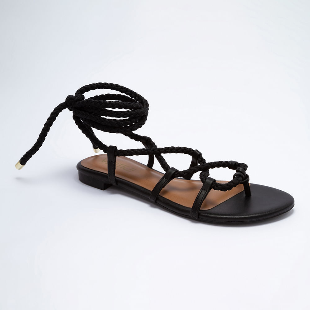 Miniatura Rasteira Flat Feminina Com Amarração Corda - Preto 35