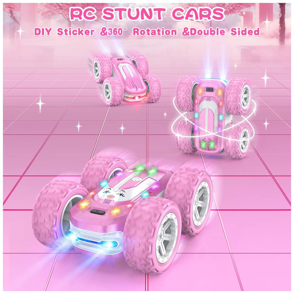 Miniatura Carrinho de Controle Remoto Rosa para Meninas, Carro RC com Adesivos Personalizáveis, Luzes Coloridas e Acrobacias 4WD - 360° de Giro,Kazswitle