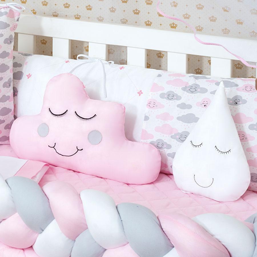 Miniatura Kit Berço Menina Nuvem Trança 12 Peças Com Mosquiteiro Rosa - Kit para berço - 12 peças