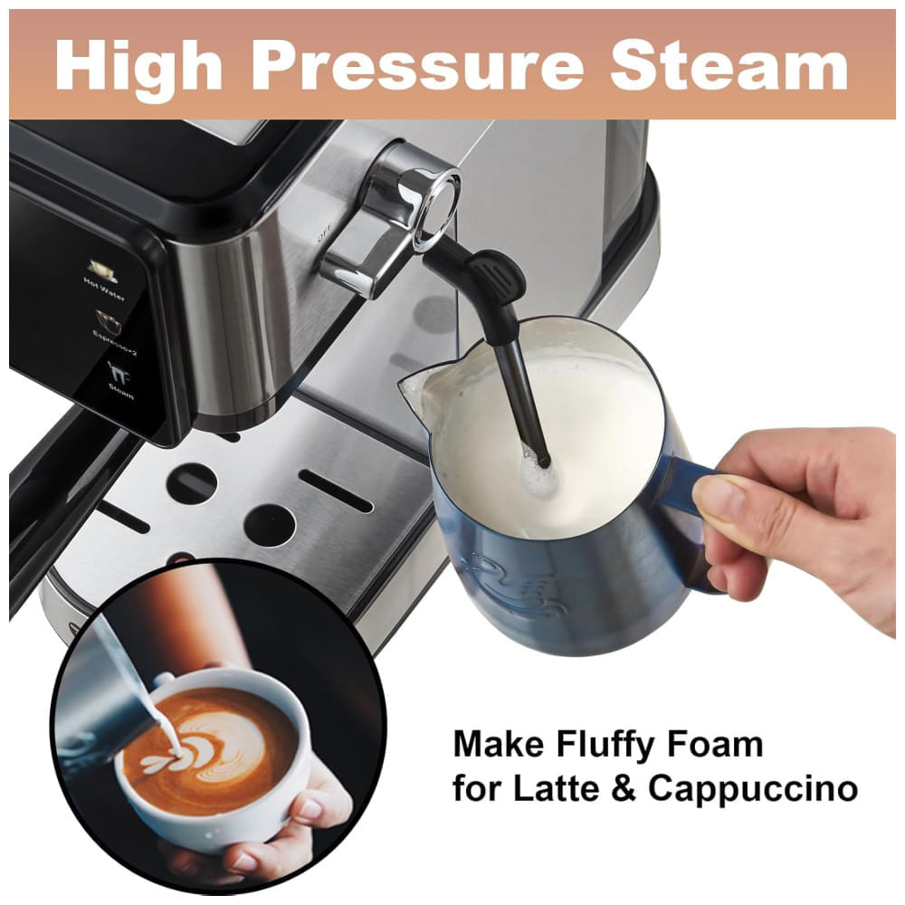 Miniatura Mquina de Caf Expresso 20 Bar com Vaporizador de Leite, Display LCD e Capacidade de 1L, 110V 1350W, Tesslux, Prata e Preta 110v