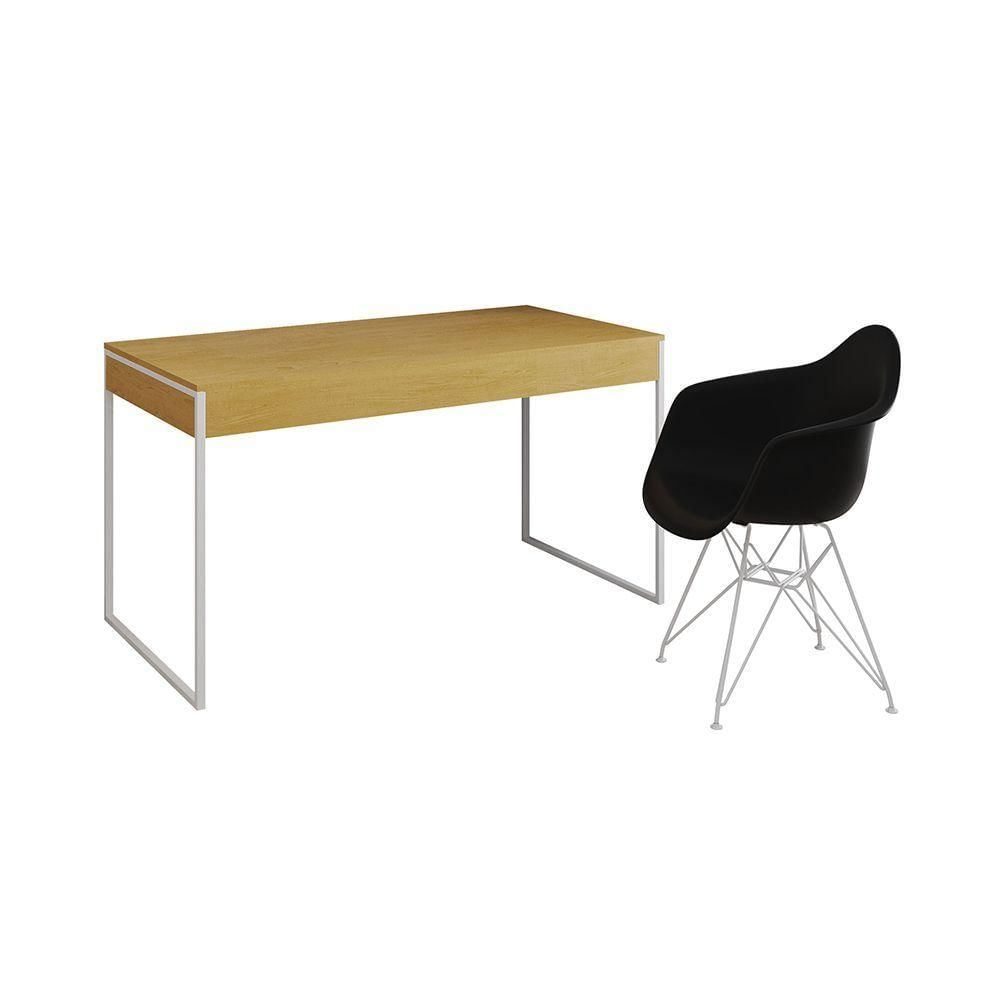 Escrivaninha Industrial Office Estudo Malta Canela 137X53Cm Com 1 Poltrona Preta Base F Marrom