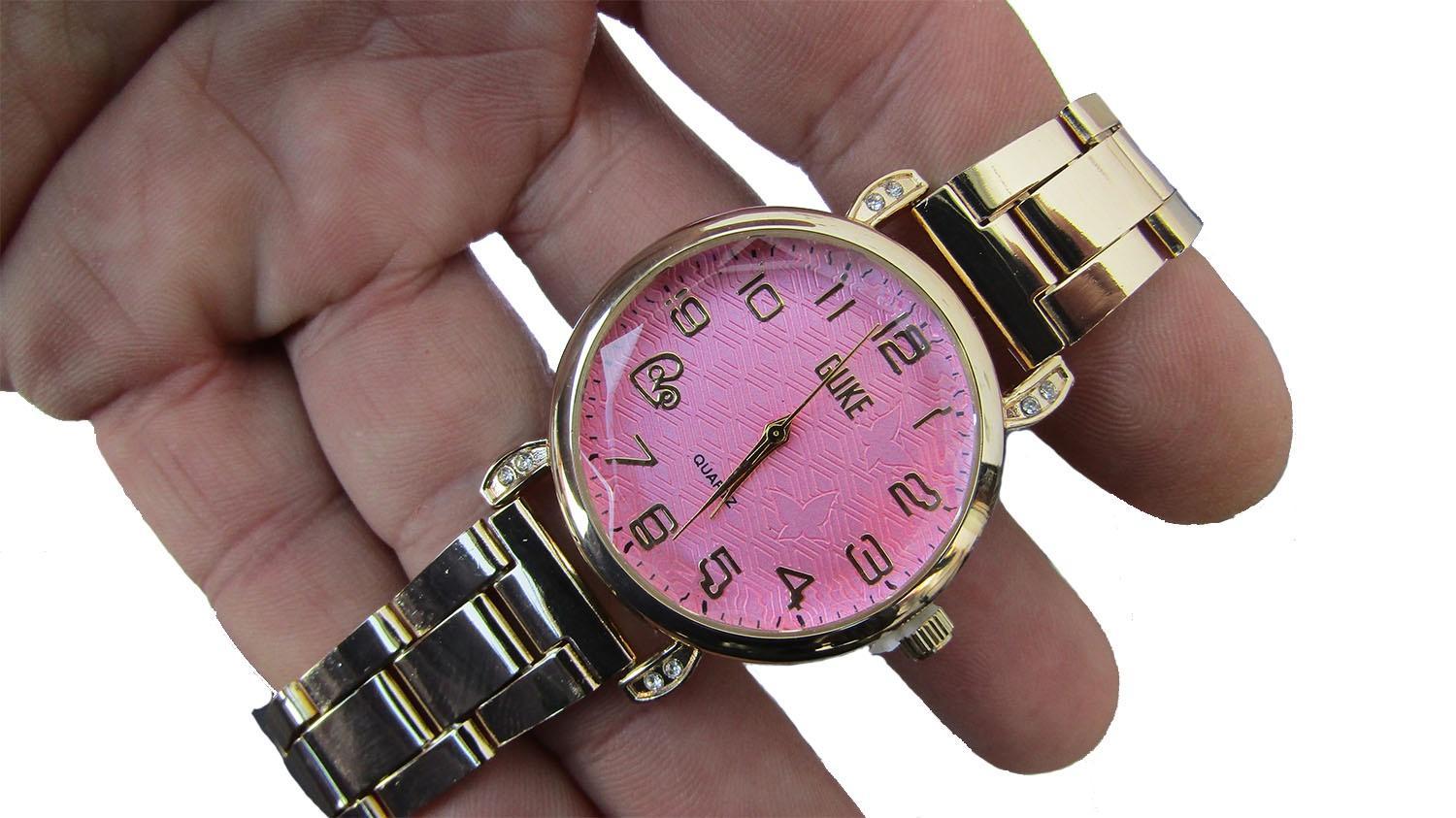 Miniatura Relogio Feminino Fundo Rosa Com Pulseira Dourada