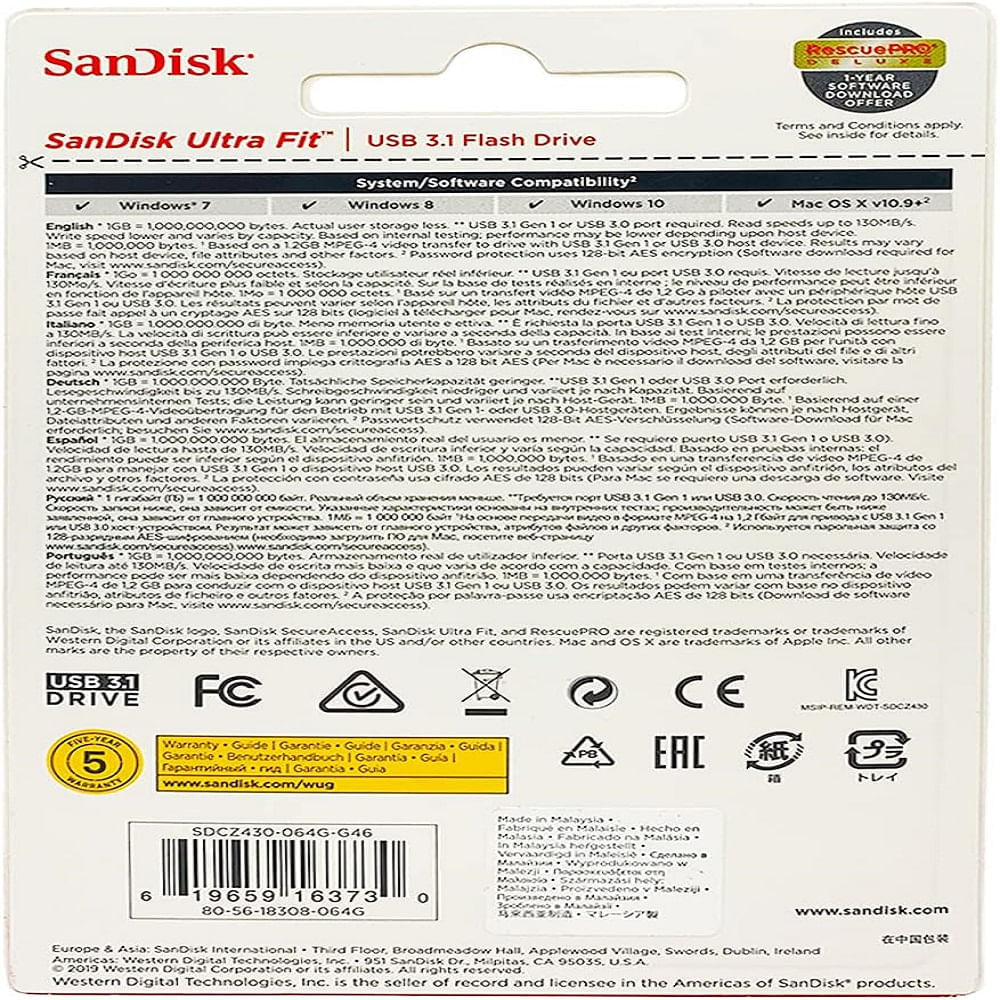 Miniatura Pen Drive Sandisk Ultra Fit Z430 3.1 Flash Drive 64GB