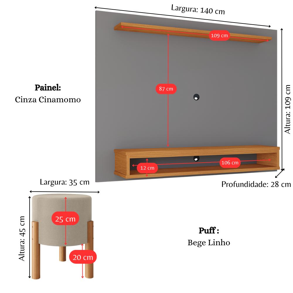 Miniatura Estante Painel Sala Quarto TV 48 Polegadas Nairobi Ripado Cinza Cinamomo e Puff Banqueta Estofado Assento Confortável Pés Retrô Thor Bege