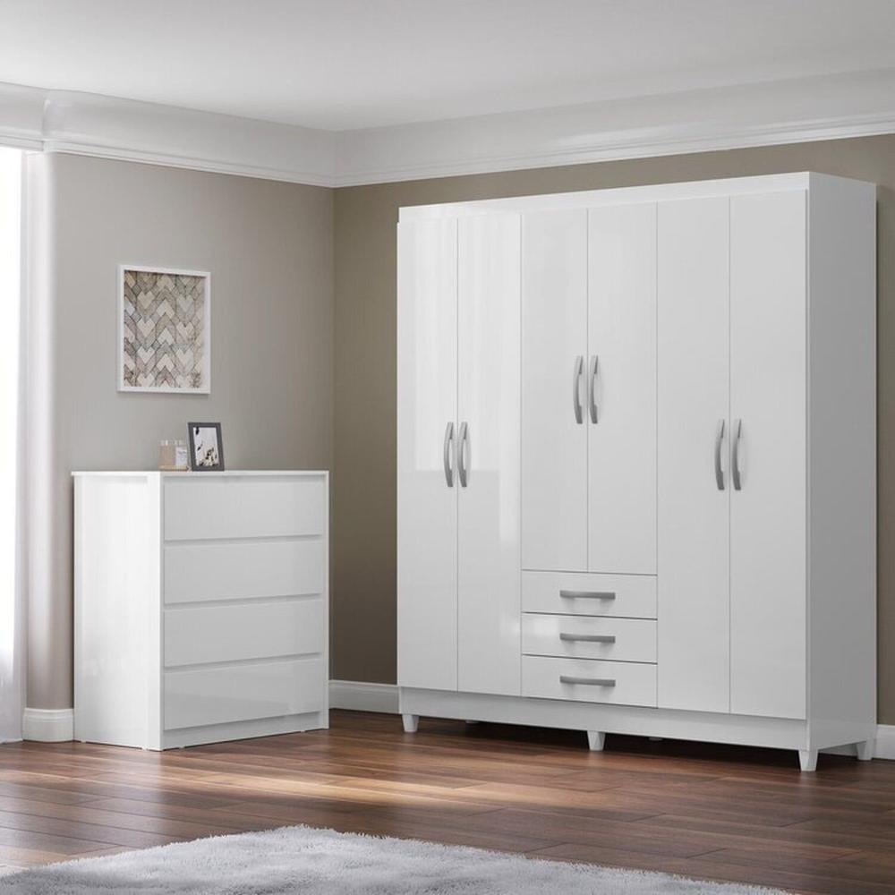 Miniatura Conjunto Guarda-Roupa 6 portas Toledo e Cômoda Carla 4 Gavetas Branco