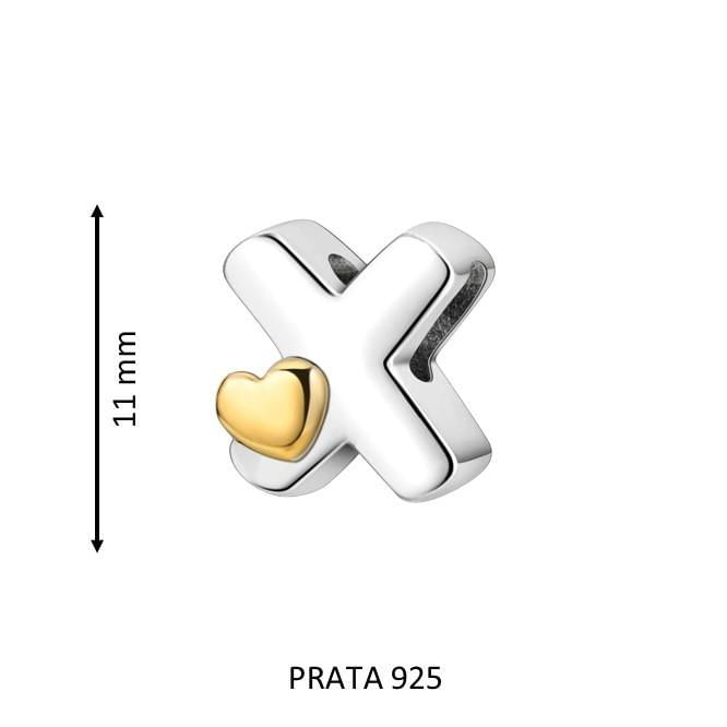 Miniatura Berloque Letra X Coração Pulseira Prata 925 Alfabeto Dourado