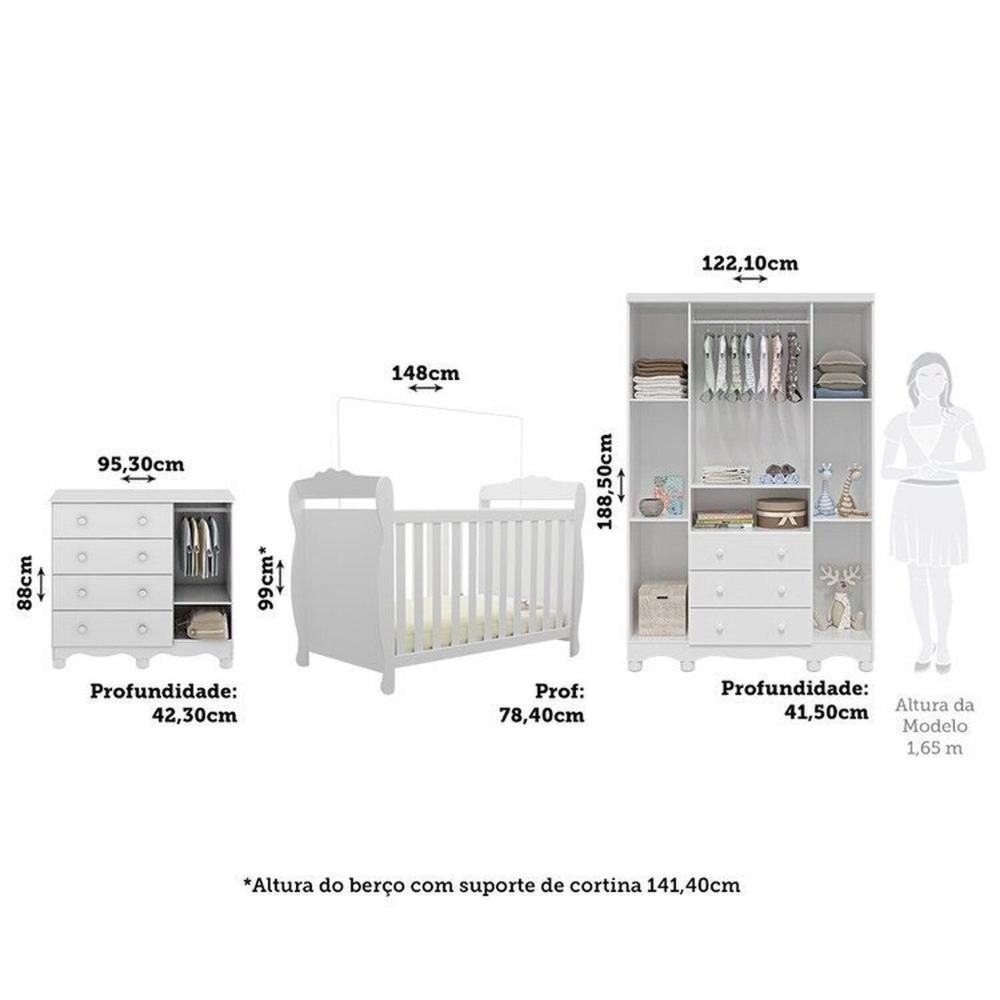 Miniatura Quarto de Bebê Completo Berço Minicama Guarda-roupa 4 Portas e Cômoda 100% Mdf Nina Espresso Móveis Branco Brilho