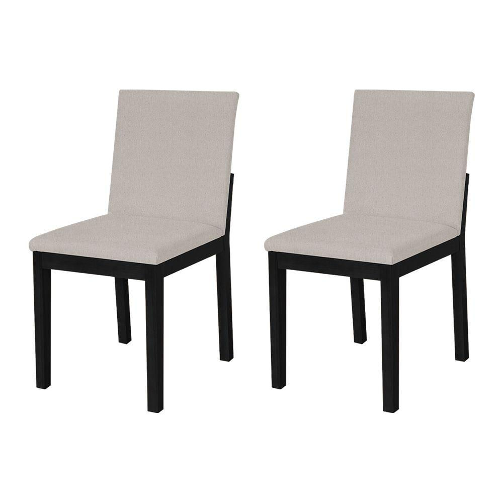 Miniatura Kit 2 Cadeiras De Jantar Pérola Estofado Liso Linho Bege Base Madeira Maciça Preto