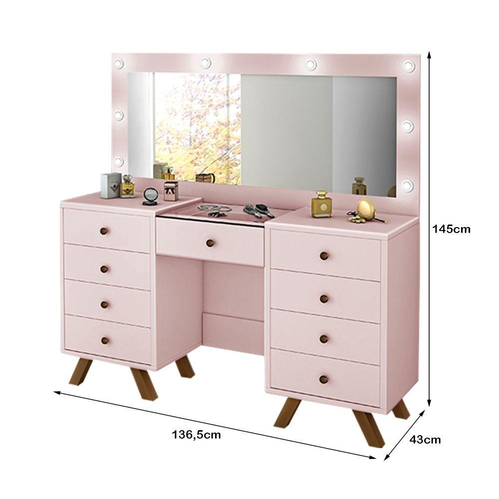 Miniatura Penteadeira Mila Camarim Com 8 Gavetas E Porta Joias Com Tampo De Vidro - Rose