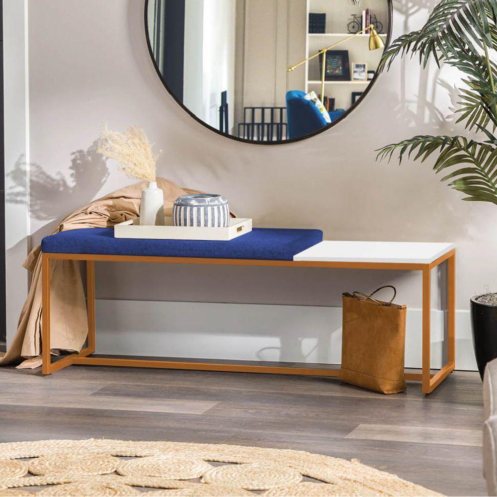 Miniatura Banco Recamier Puff 140cm Industrial Bronze Sintético Azul Marinho Tampo Quadrado Mdf Branco