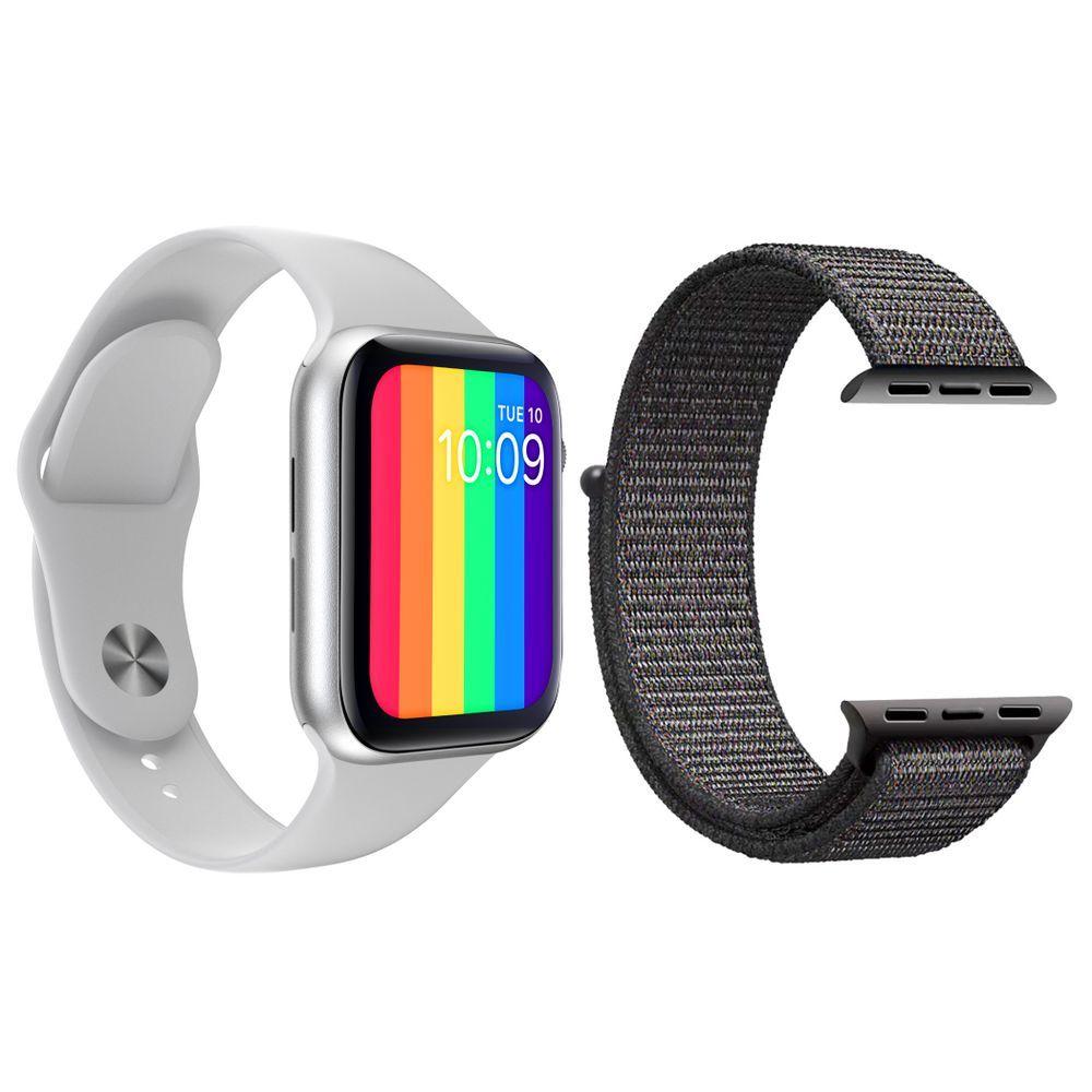 Miniatura Kit 1 Relógio Smartwatch Iwo12 Branco + 1 Pulseira Cinza