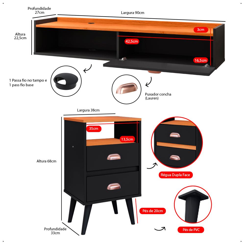 Kit Quarto Classic 2 Mesas Cabeceira Retrô Pés Palito Penteadeira Suspensa Compacta Nicho Decorativo Suspenso Preto/Cinamomo - Lojas RPM