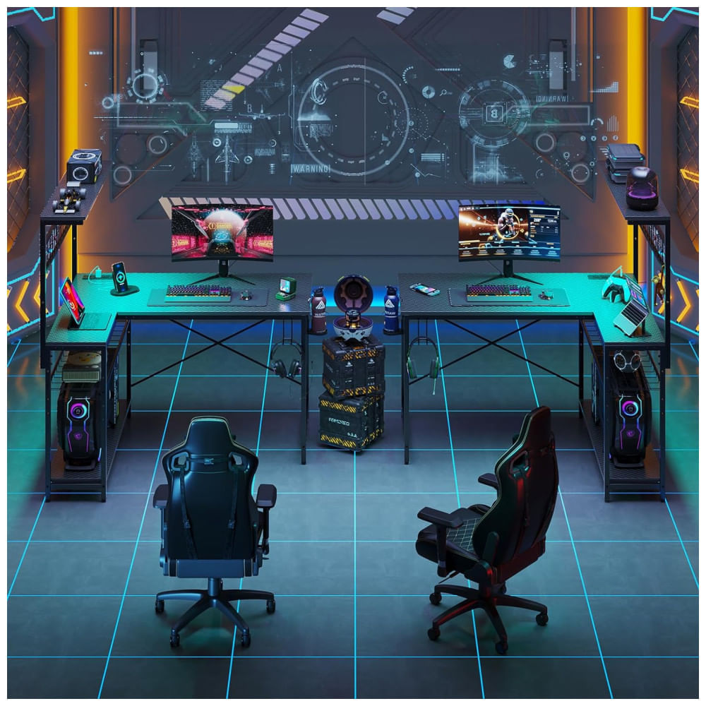 Mesa Gamer de Fibra de Carbono, 42" 106 cm com Gancho para Fone de Ouvido, Luz LED, Porta-Copos, Tomadas, Mesa de Canto Reversível e Prateleiras, 110v