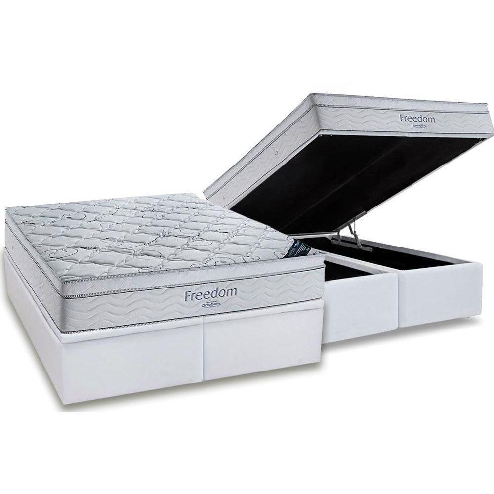 Miniatura Cama Box Baú King: Colchão Molas Superpocket Ensacadas Ortobom Freedom Visco + Base White(186X198)