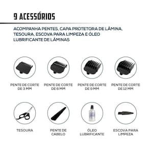 Máquina de Cortar Cabelo Britânia BCR03 18W com 9 acessórios - Preto 110V