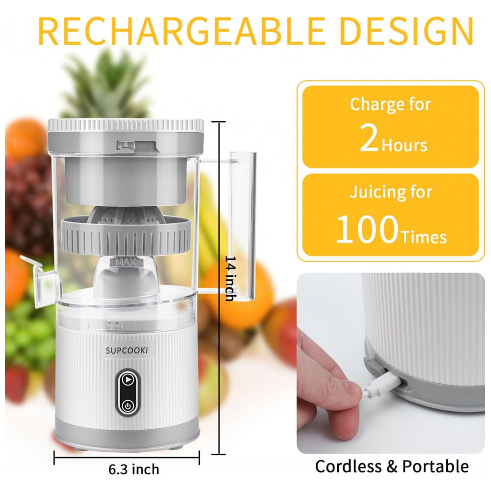 Miniatura Espremedor Elétrico Portátil Recarregável USB para Frutas Cítricas, 110V 80W, SUPCOOKI, Branco