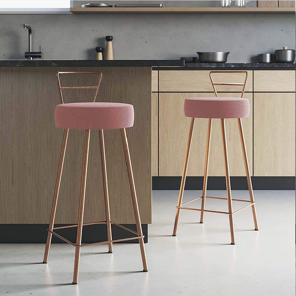 Miniatura Banqueta Alta Com Encosto Tina Eiffel Cozinha Bar Bistrô Ferro Bronze Suede Rosa Gold