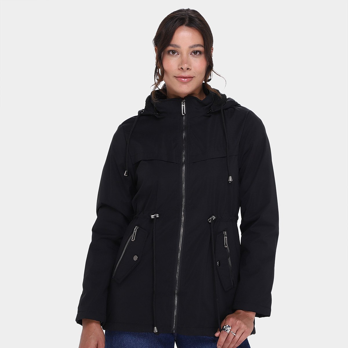 Miniatura Casaco Facinelli Capuz Parka Peluciada Feminina Preto - G