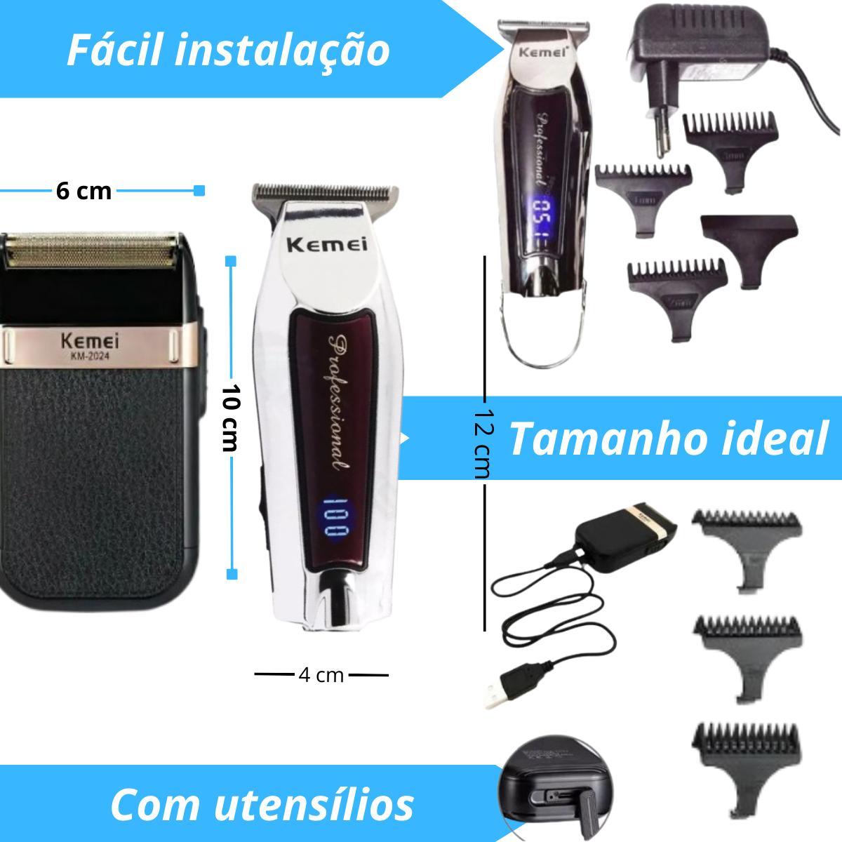 Miniatura Kit Premium Masculino Kemei: Barbeador 2024 + Máquina 9164