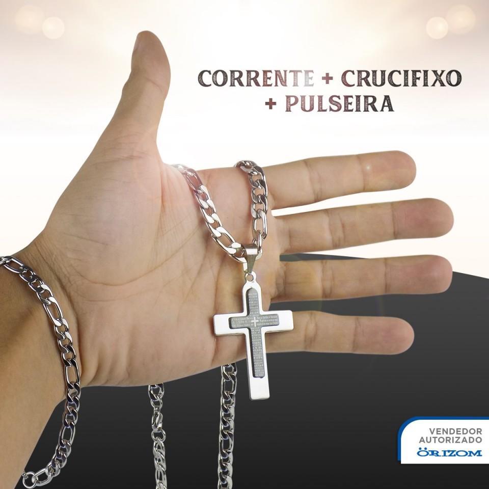 Kit Masculino Colar Crucifixo Aço Inox  +