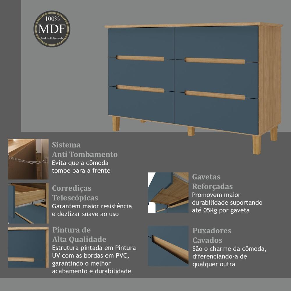 Cômoda 6 Gavetas Logan Mambel Olmo Italiano/Azul