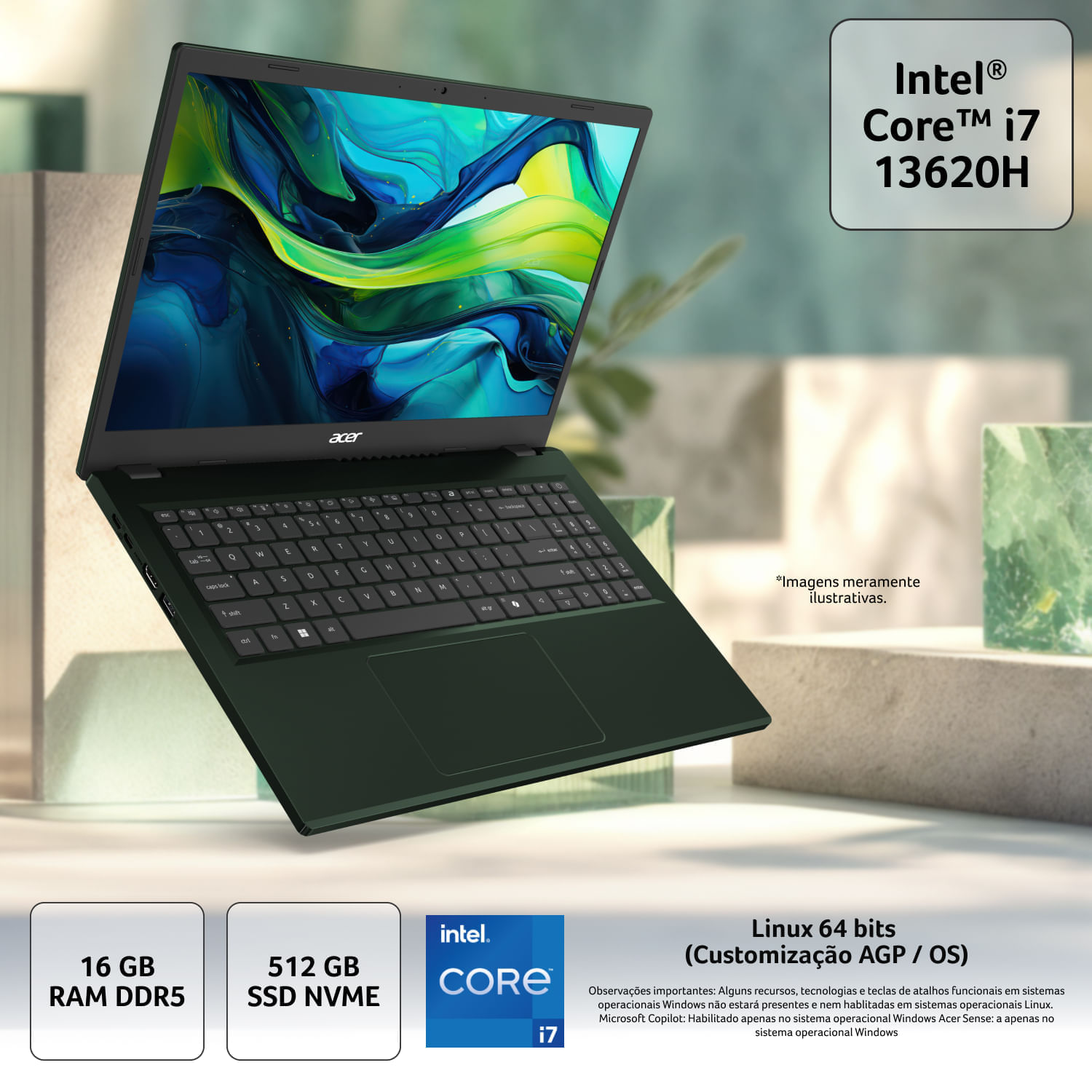 Notebook Acer Aspire GO 15 AG15-71P-747N Intel® Core™ i7 de 13ªG 16GB RAM 512GB SSD 15.6” FHD