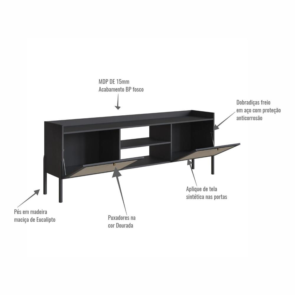 Rack para TV até 65 Polegadas 2 Portas 183cm Palhinha Pé Madeira Oslo Nero/Preto