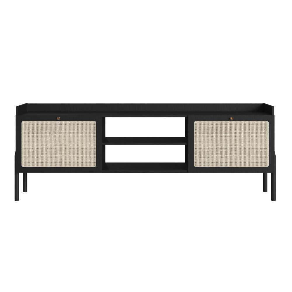 Miniatura Rack para TV até 65 Polegadas 2 Portas 183cm Palhinha Pé Madeira Oslo Nero/Preto