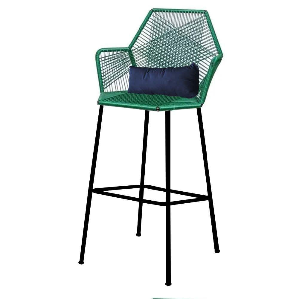 Miniatura Banqueta Alta Com Encosto Ferro Verde Fibra Verde Almofada Azul Marinho