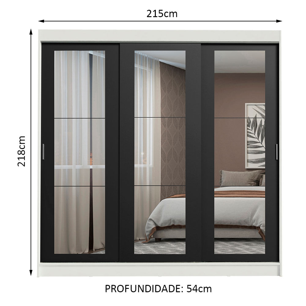 Miniatura Guarda-Roupa Casal Madesa Kansas 3 Portas de Correr de Espelho 3 Gavetas Branco/Preto Cor:Branco/Preto