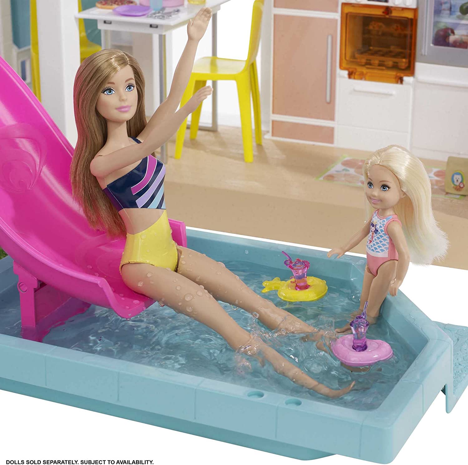 Miniatura Barbie Casa de Bonecas com 75 Acessórios 3 Andares Piscina e Escorregador para Crianças a partir de 3 anos