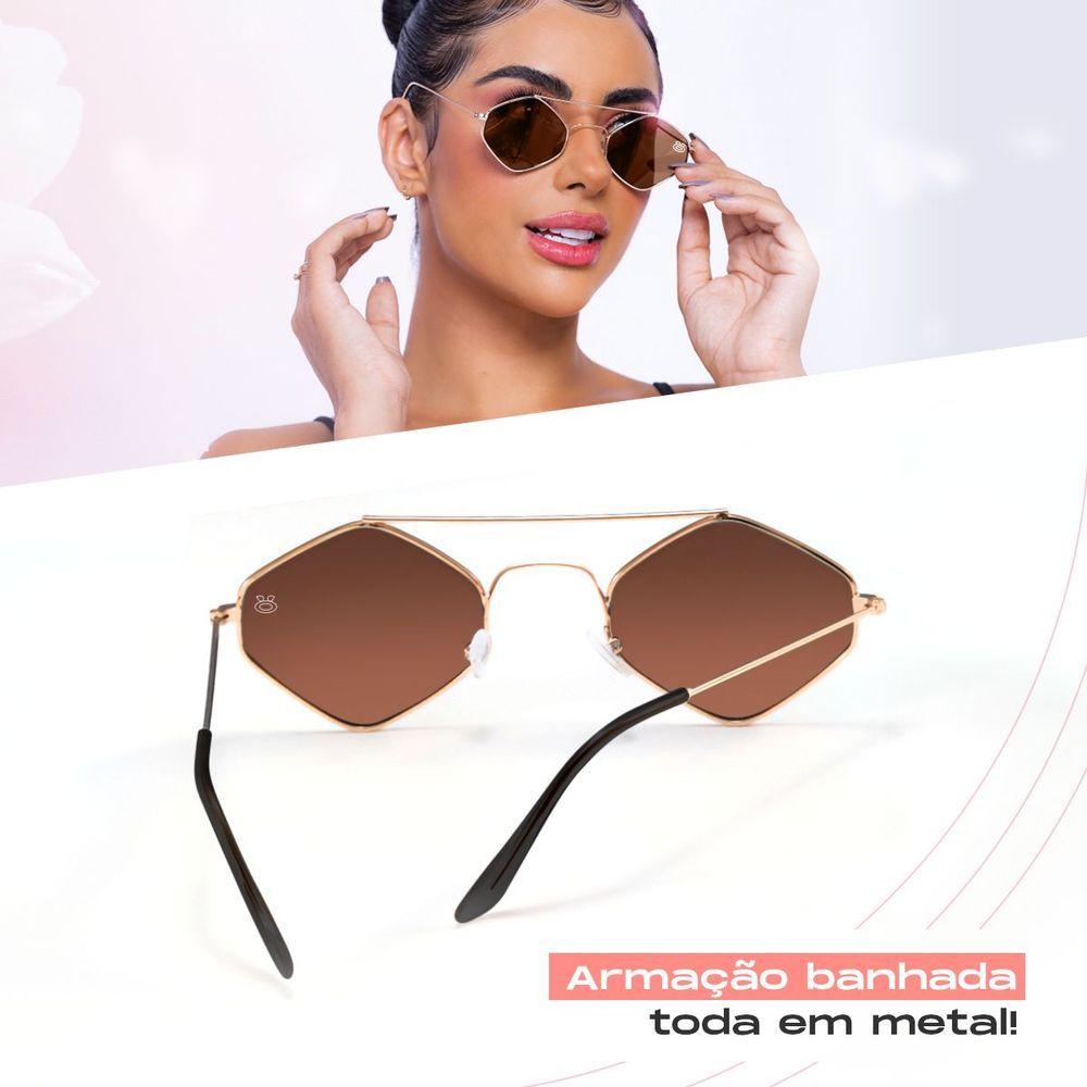 Miniatura Oculos Sol Feminino Metal Marrom Losango Proteção Uv Case